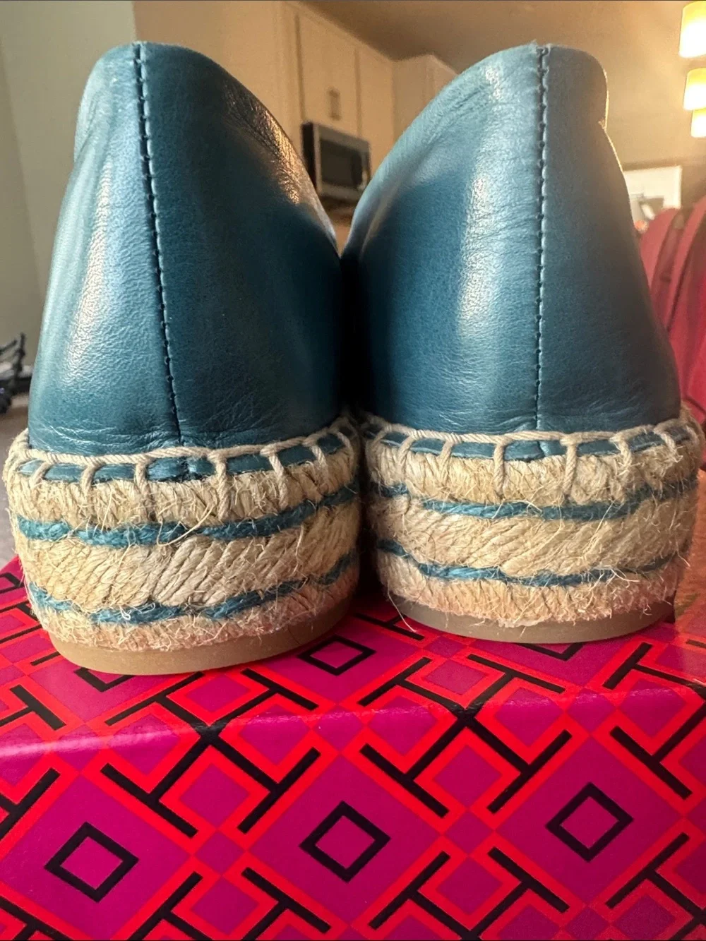 NWB Tory Burch Brisk Blue Ines Platform Leather Espadrille Goat Leather Sz 8